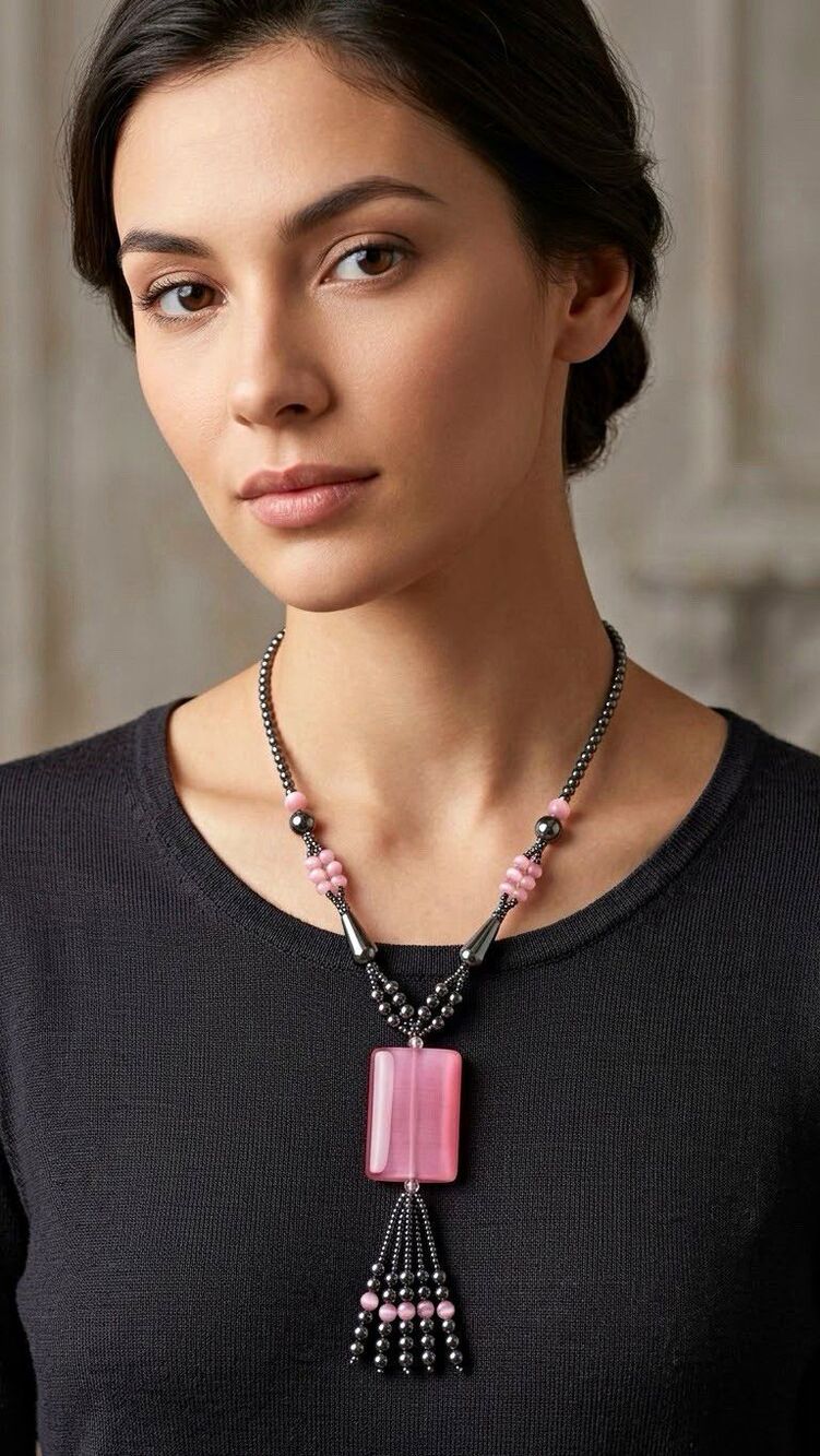 Black & Pink Glass Beaded Statement Necklace Rectangle Tassel Pendant 18 in